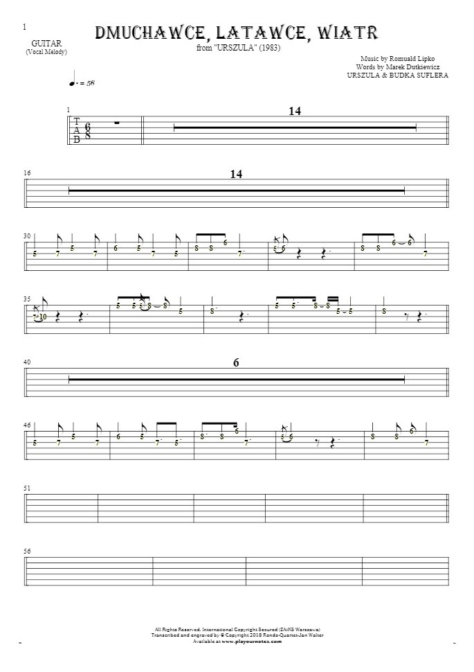 Slowly Walking - Tablature (rhythm. values) for guitar - melody line