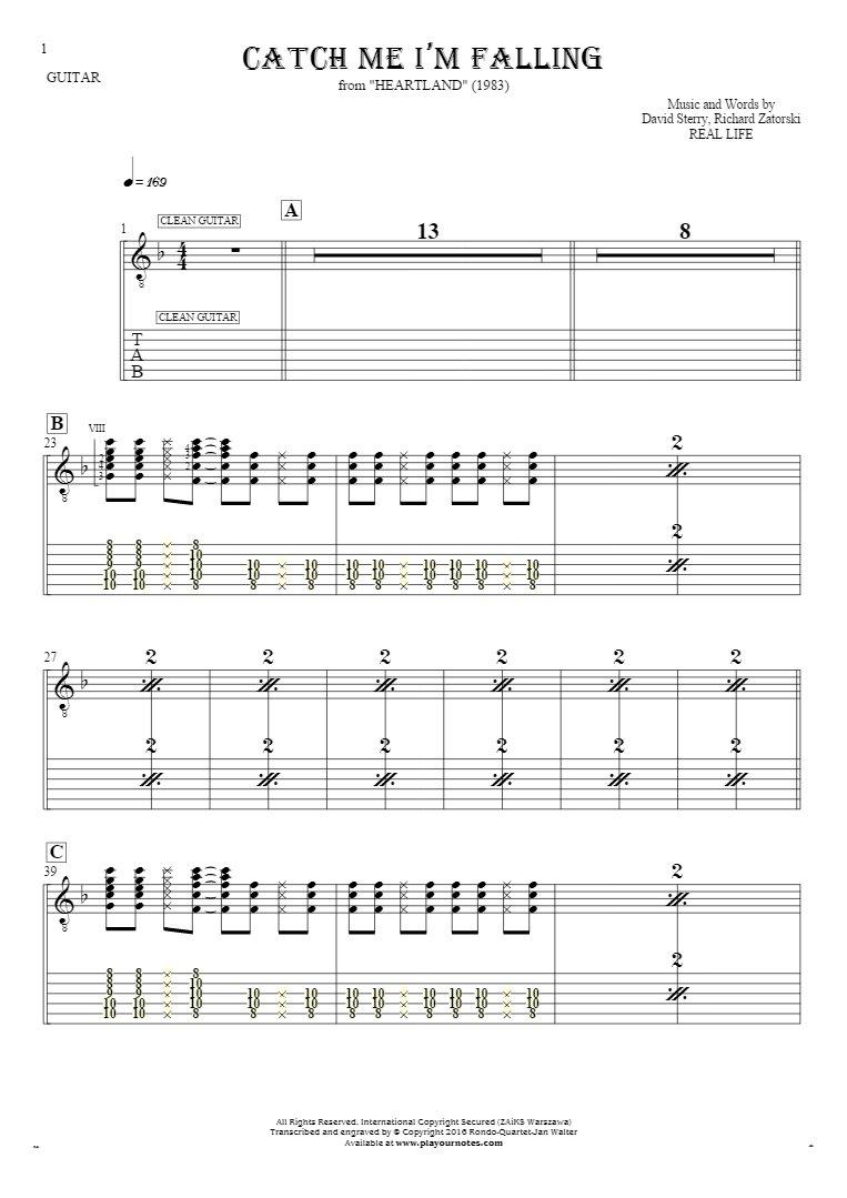Catch Me I’m Falling - Notes and tablature for guitar