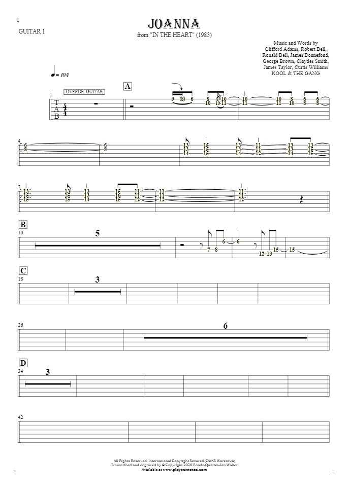 Joanna - Tablature (rhythm. values) for guitar - guitar 1 part