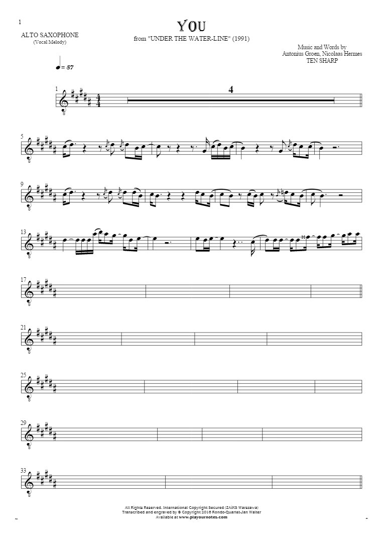 You - Notes for alto saxophone - melody line