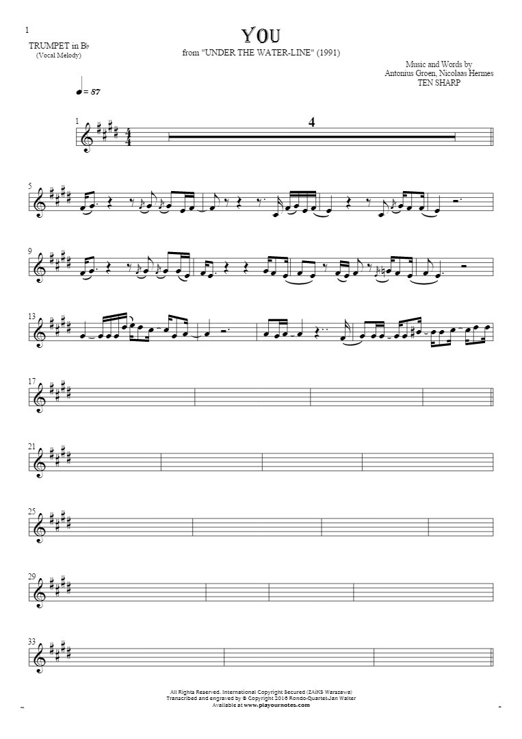 You - Notes for trumpet - melody line