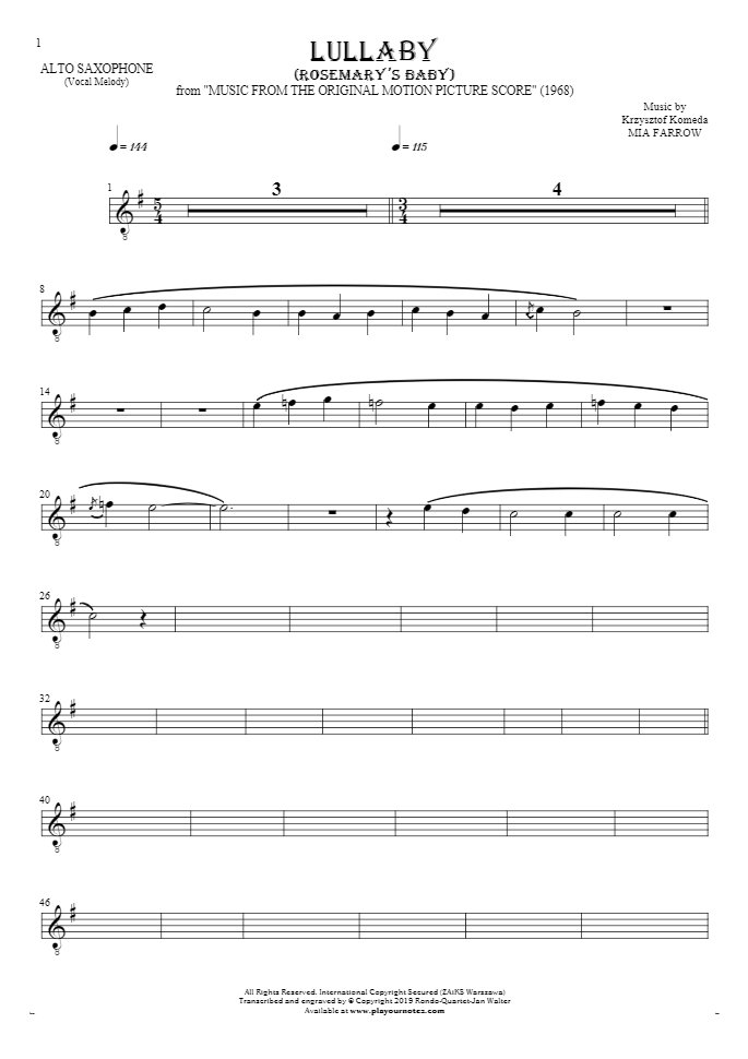 Lullaby - Rosemary's Baby - Notes for alto saxophone - melody line
