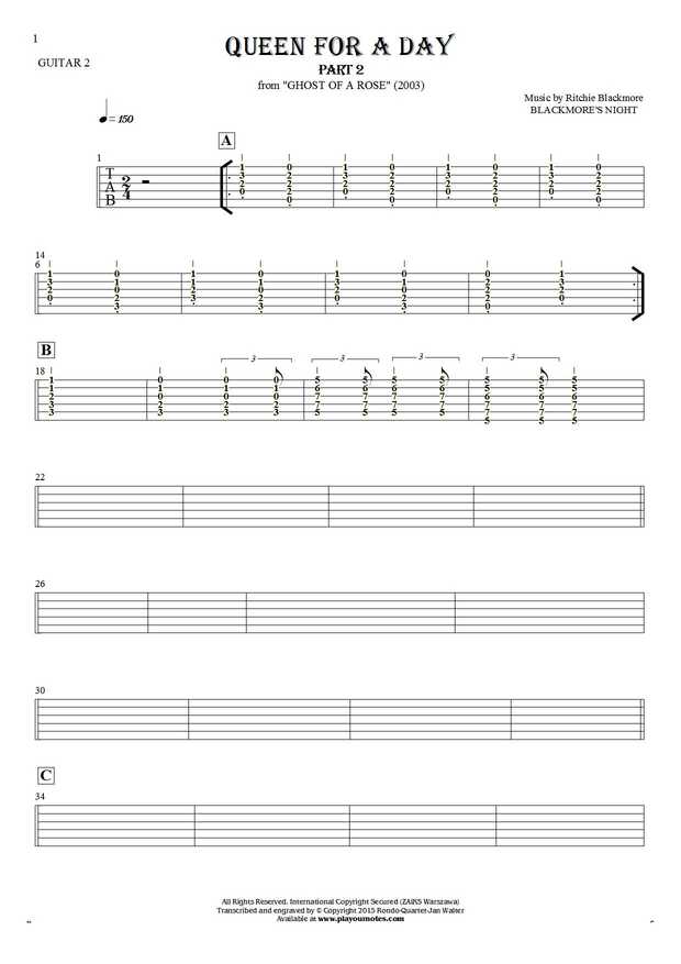 Queen For A Day (part 2) - Tablature (rhythm values) for guitar - guitar 2 part