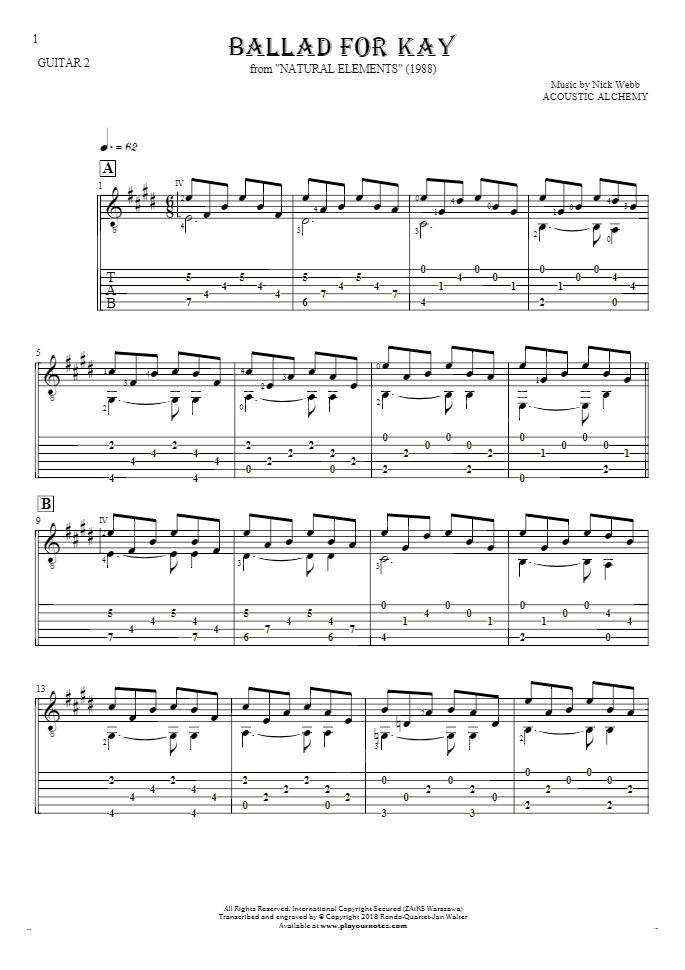 Ballad For Kay - Notes and tablature for guitar - guitar 2 part