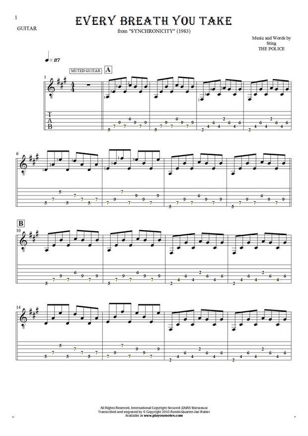 Every Breath You Take - Notes and tablature for guitar