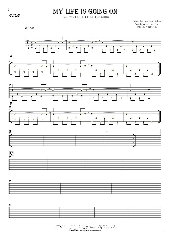My Life Is Going On - Tablature (rhythm. values) for guitar