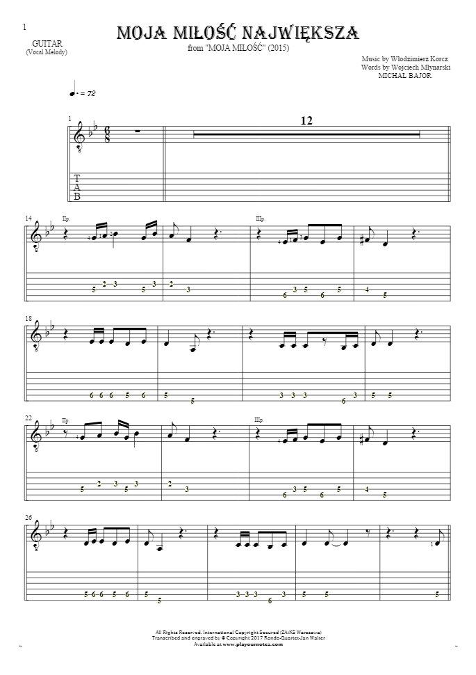 Moja miłość największa - Notes and tablature for guitar - melody line