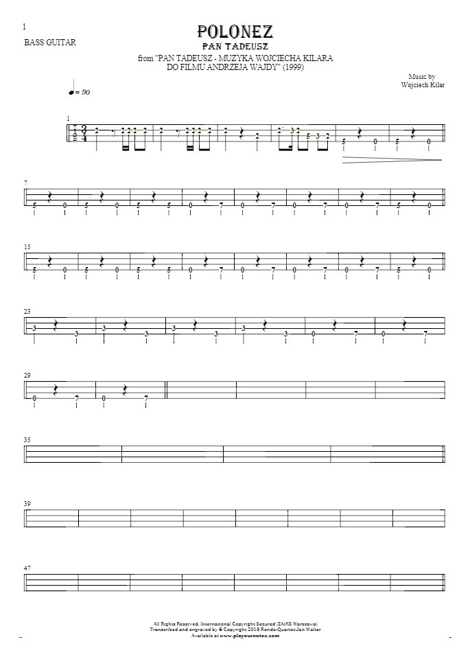 Polonez - Pan Tadeusz - Tablature (rhythm. values) for bass guitar