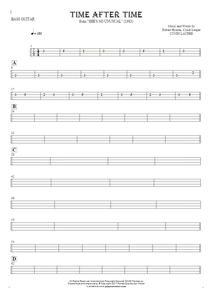 Time After Time - Tablature for bass guitar