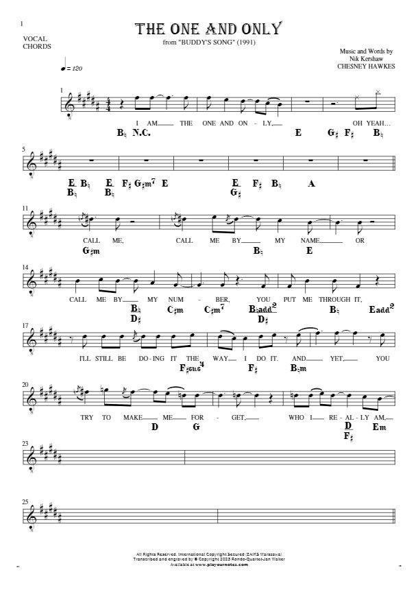 The One And Only - Notes, lyrics and chords for vocal with accompaniment