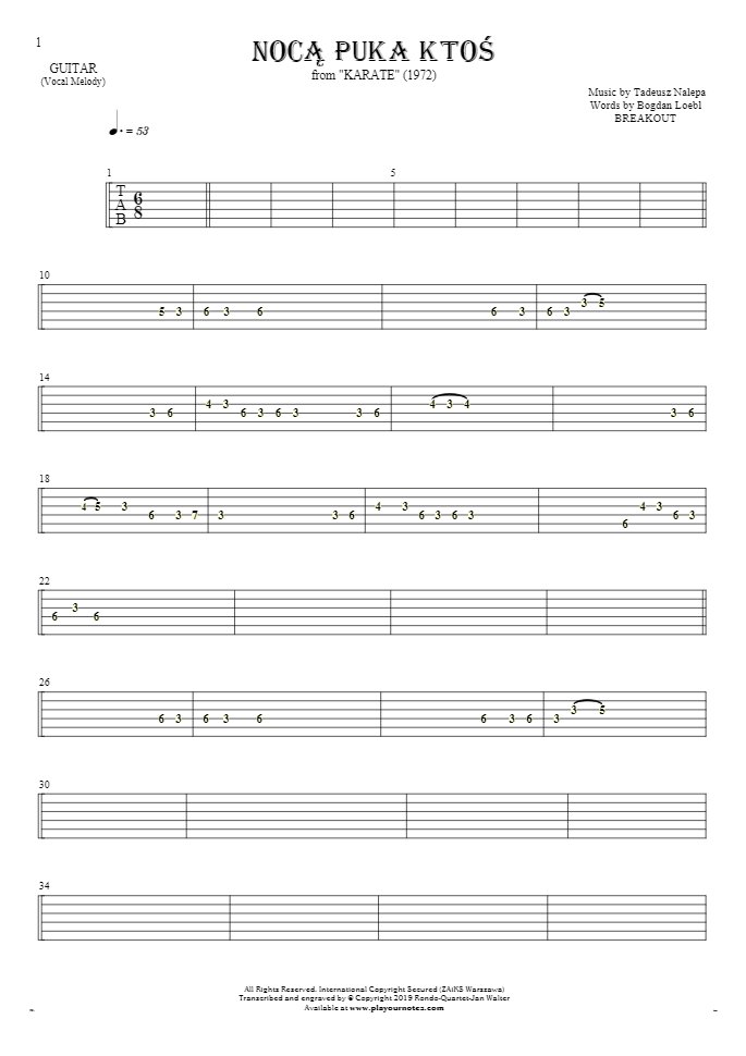Somebody's Knocking At The Door At Nigh - Tablature for guitar - melody line
