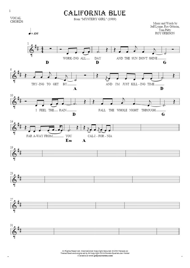 California Blue - Notes, lyrics and chords for vocal with accompaniment