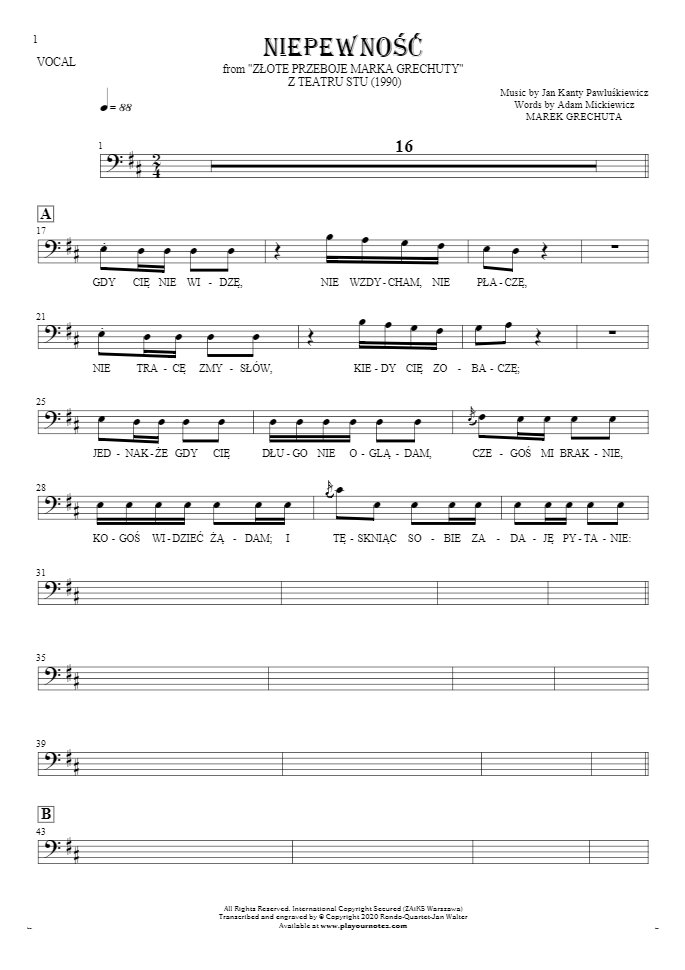 Unsicherheit - Noten und Liedtekst-(Bass-Schlüssel) für Gesang - Melodielinie