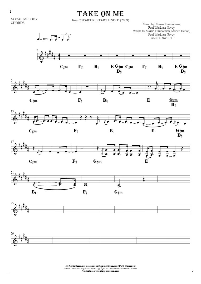 Take On Me - Notes and chords for solo voice with accompaniment