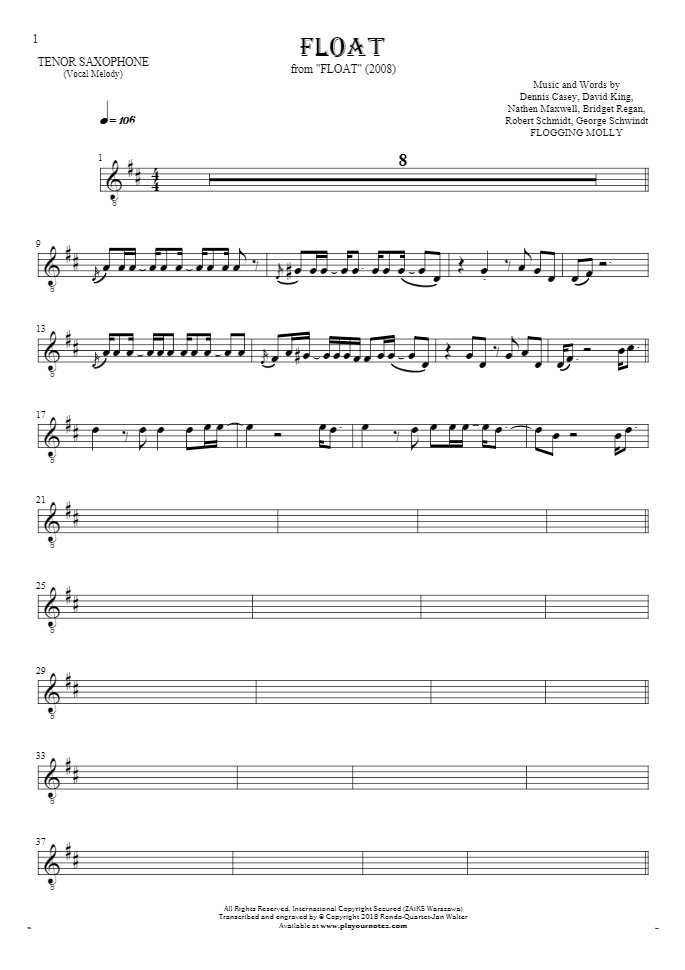 Float - Notes for tenor saxophone - melody line