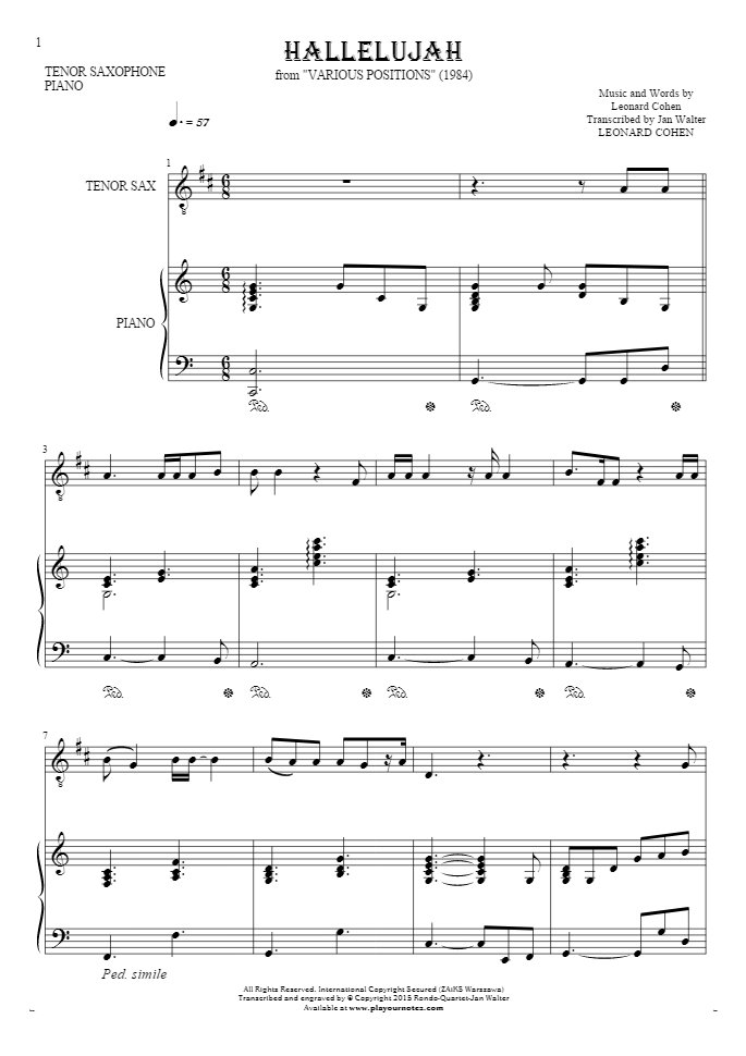 Hallelujah - Noten für Solo Stimme mit Begleitung