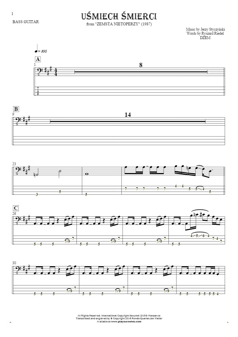 Smile of Death - Notes and tablature for bass guitar