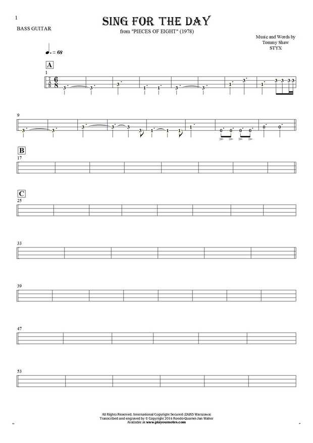 Sing for the Day - Tablature (rhythm values) for bass guitar