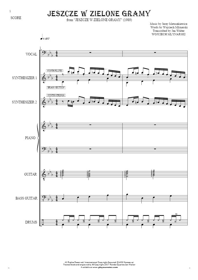 Jeszcze w zielone gramy - Score with vocal in bass clef