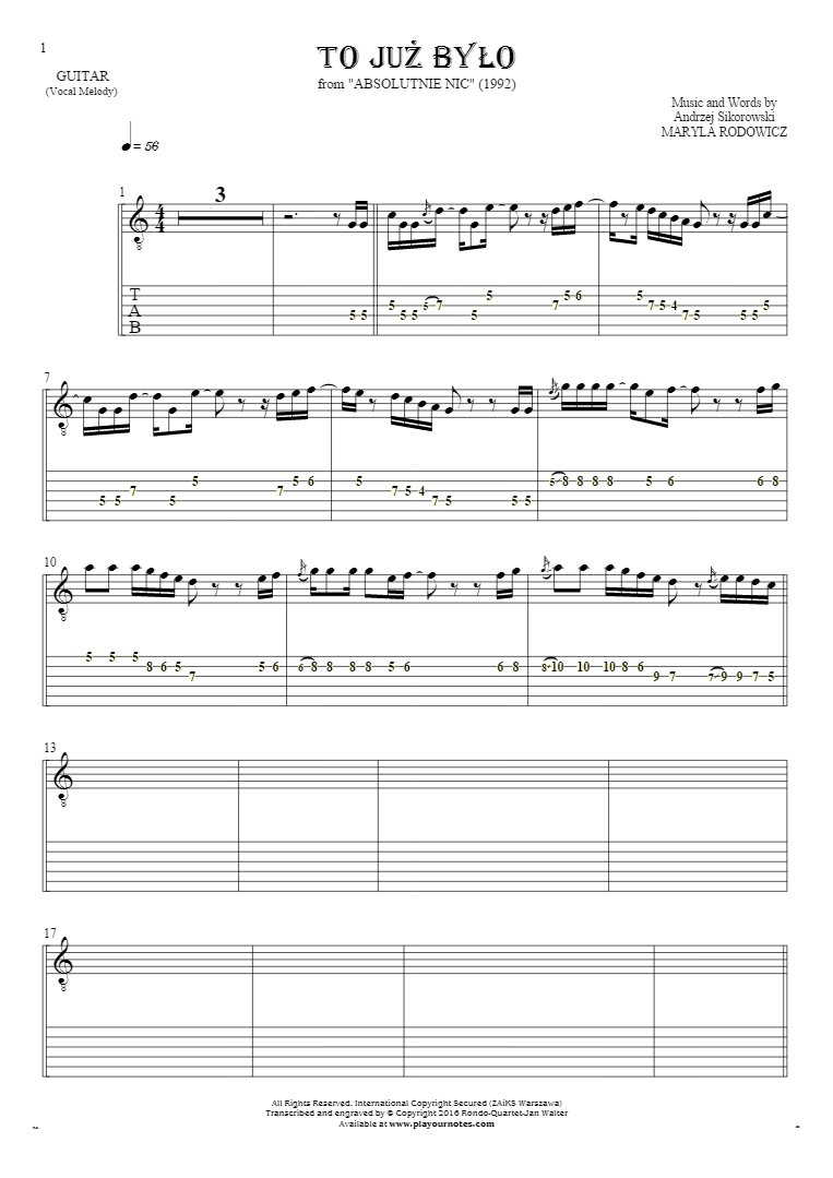 To już było - Notes and tablature for guitar - melody line