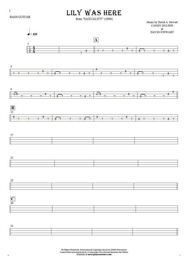 Lily Was Here - Tablature for bass guitar