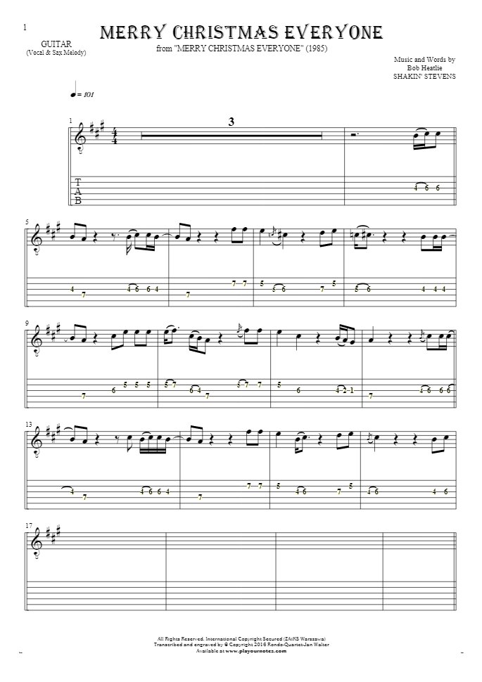 Merry Christmas Everyone - Notes and tablature for guitar - melody line