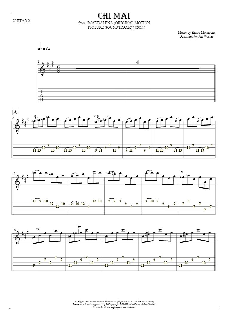 Chi Mai - Notes and tablature for guitar - guitar 2 part