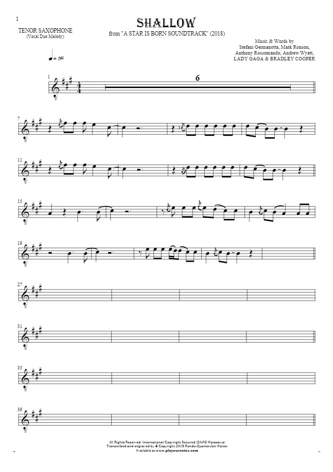 Shallow - Notes for tenor saxophone - melody line