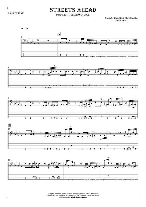 Streets Ahead - Notes and tablature for bass guitar