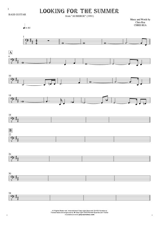 Looking For The Summer - Notes and tablature for bass guitar