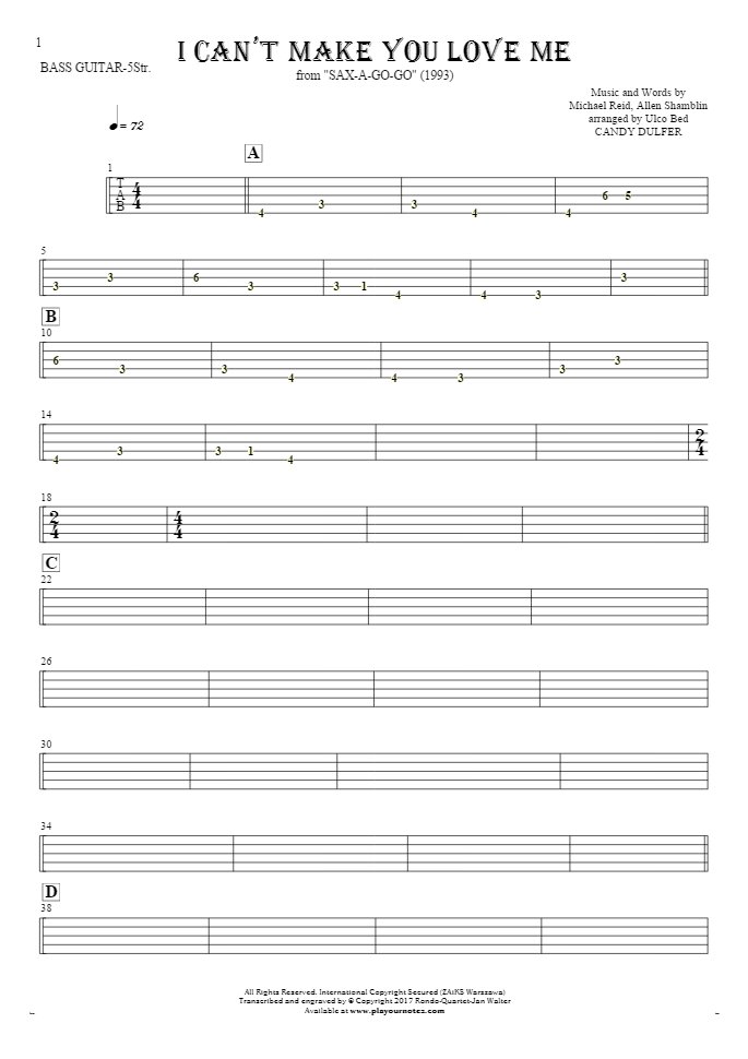 I Can't Make You Love Me - Tablature for bass guitar (5-str.)