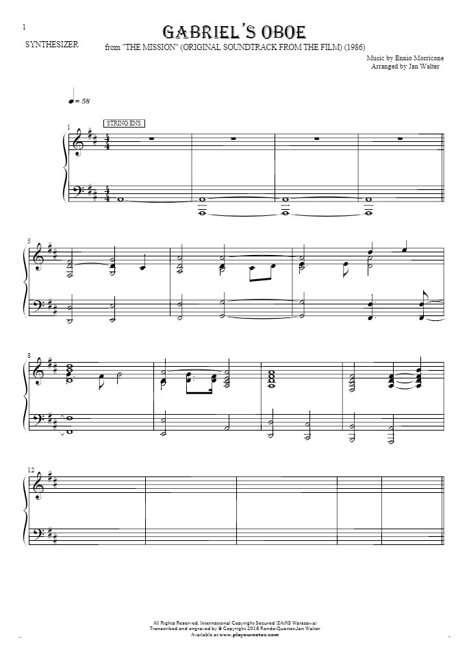 Gabriel's Oboe - Noten für Synthesizer - String Ensemble