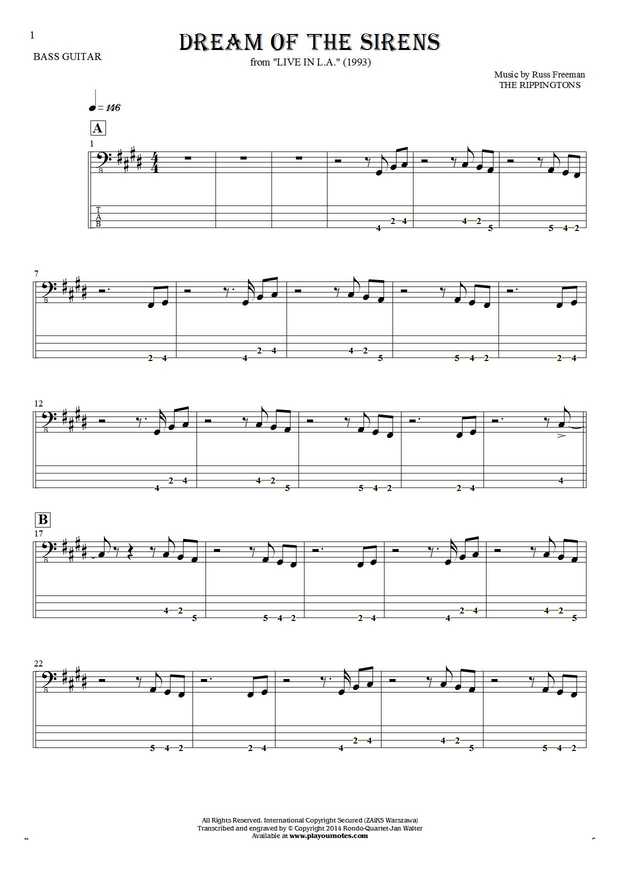 Dream Of The Sirens - Notes and tablature for bass guitar