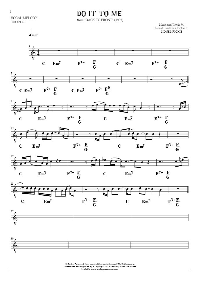 Do It To Me - Notes and chords for solo voice with accompaniment