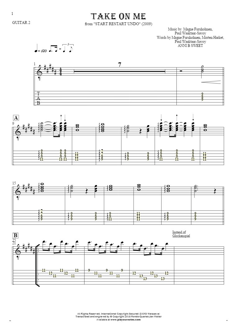 Take On Me - Notes and tablature for guitar - guitar 2 part