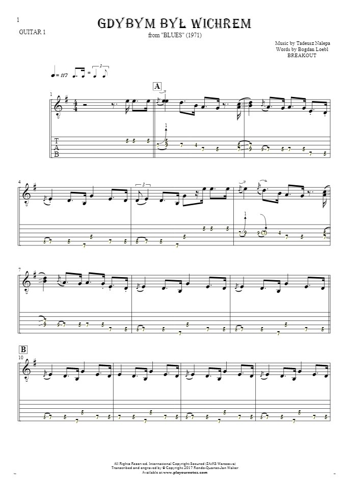 If I Were the Wind - Notes and tablature for guitar - guitar 1 part