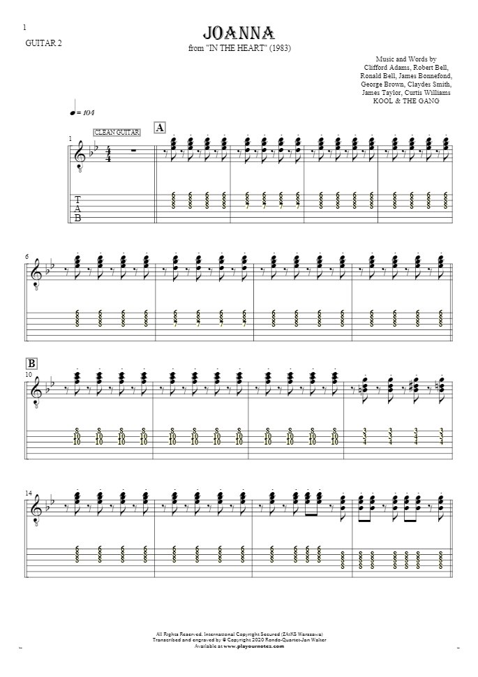Joanna - Notes and tablature for guitar - guitar 2 part