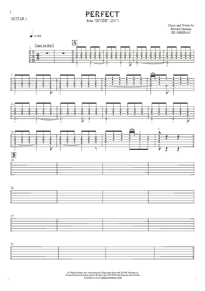 Perfect - Tablature (rhythm. values) for guitar - guitar 1 part
