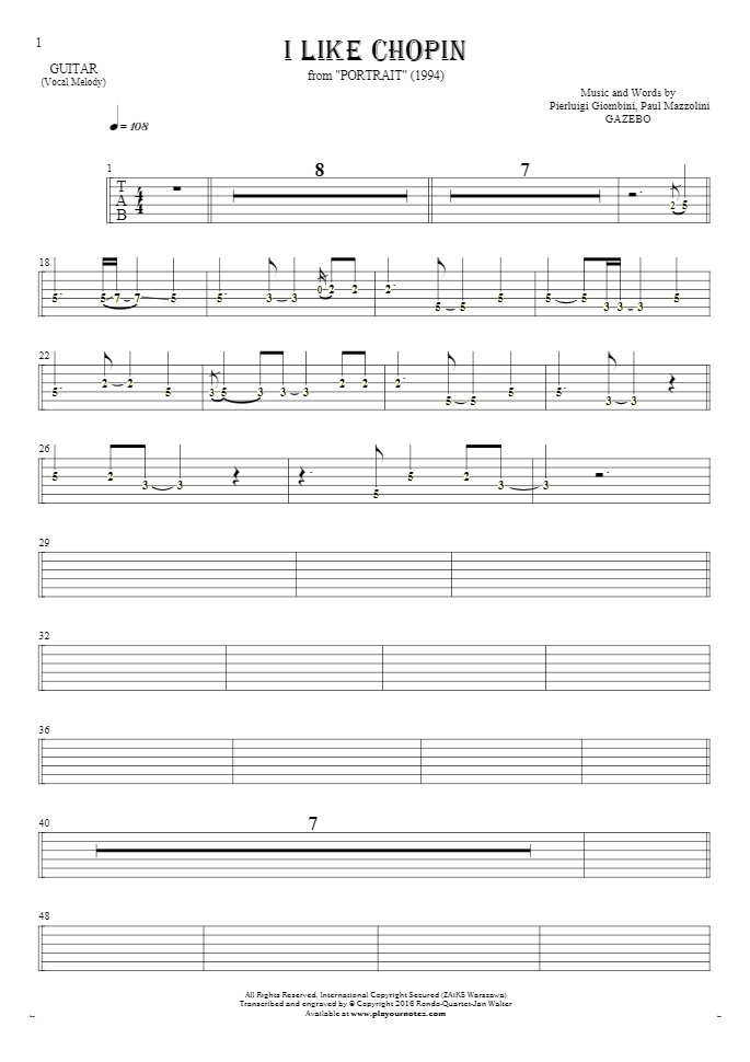I Like Chopin - Tablature (rhythm. values) for guitar - melody line