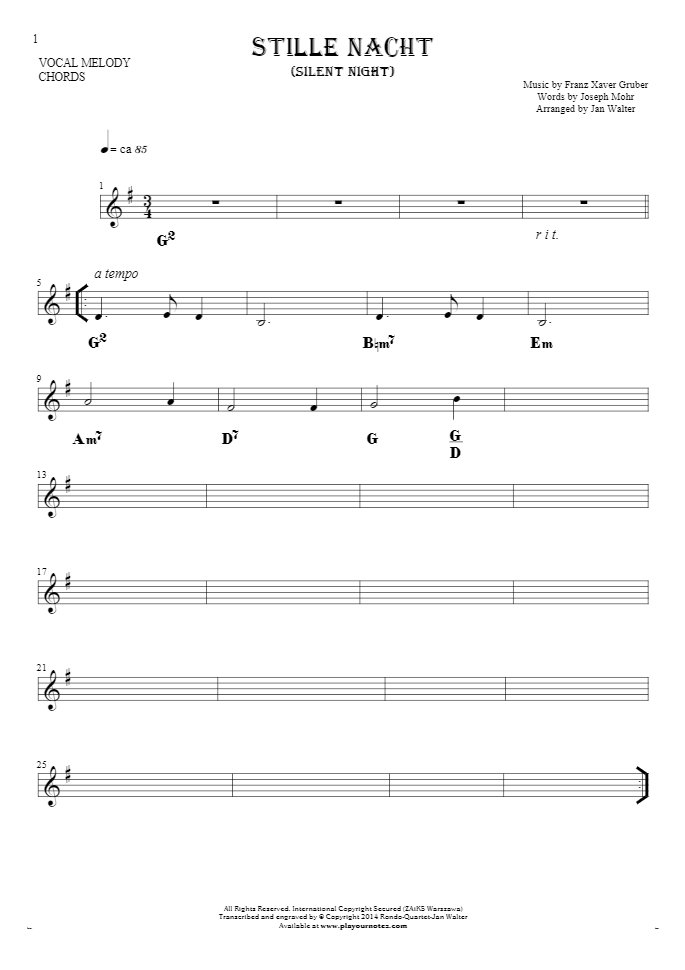 Silent Night - Notes and chords for solo voice with accompaniment