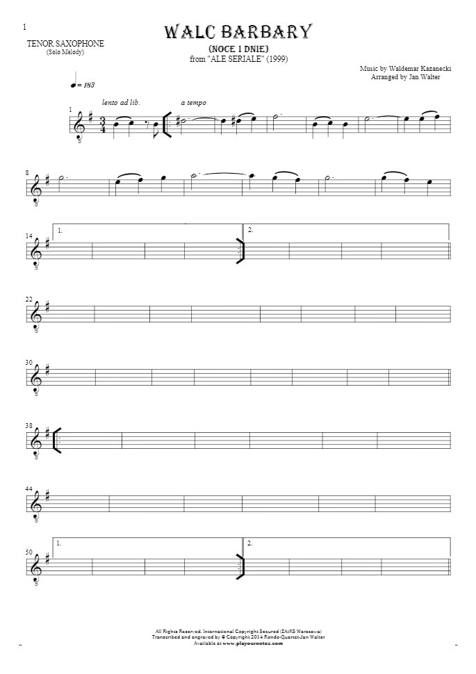 Walc Barbary (Noce i Dnie) - Notes for tenor saxophone - melody line