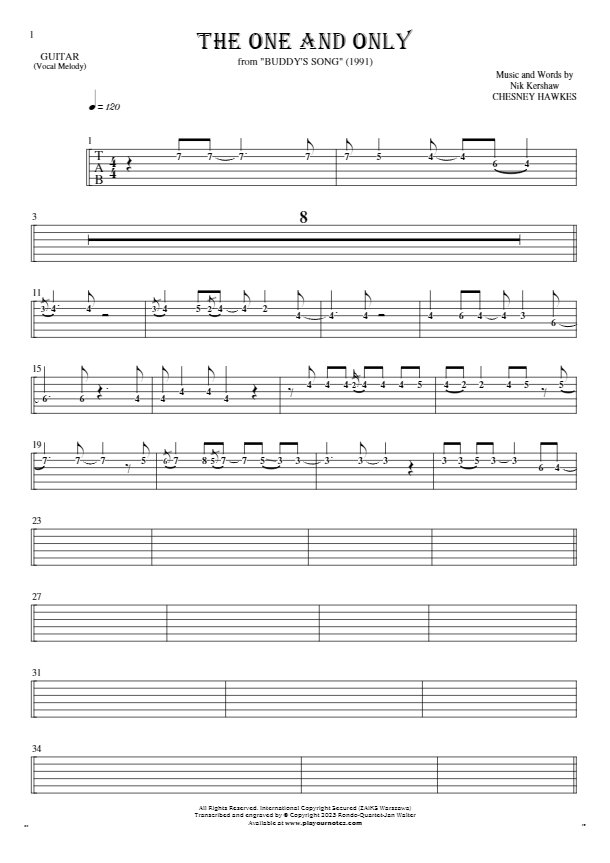 The One And Only - Tablature (rhythm. values) for guitar - melody line
