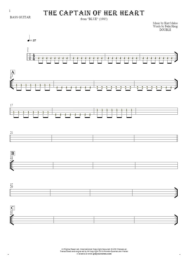 The Captain of Her Heart - Tablature (rhythm values) for bass guitar