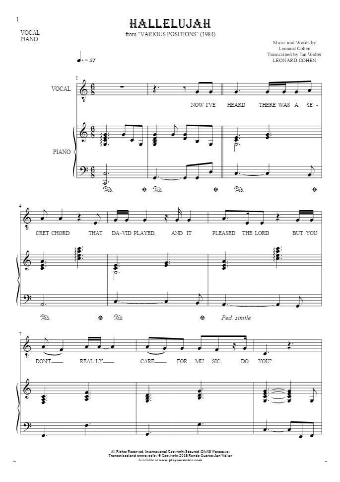 Hallelujah - Notes and lyrics for vocal with accompaniment