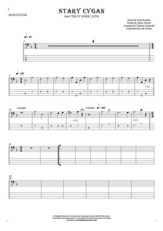 The old Gipsy - Notes and tablature for bass guitar