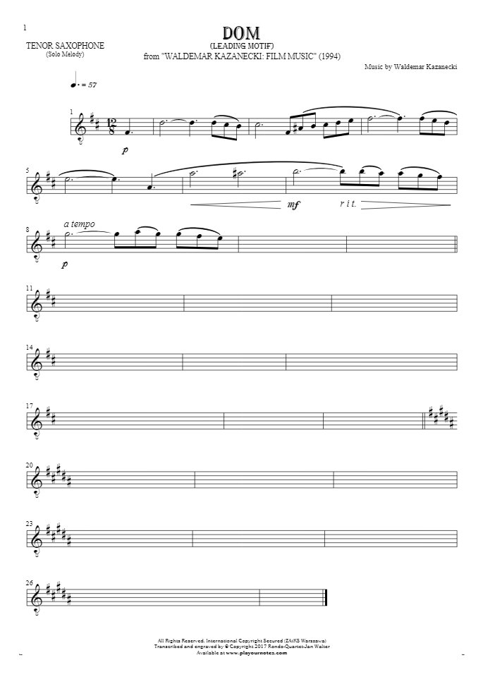 The House - Leading Motif - Notes for tenor saxophone - melody line