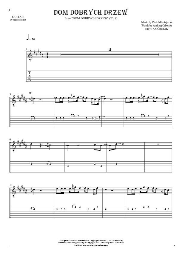 Dom dobrych drzew - Notes and tablature for guitar - melody line