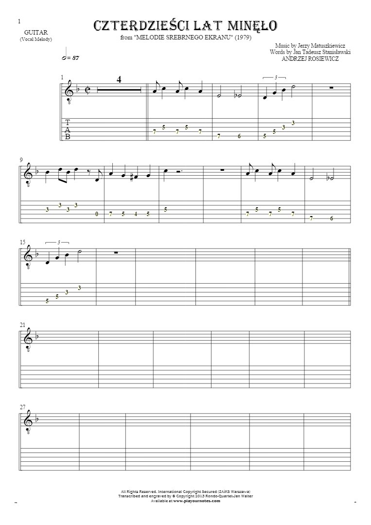 Czterdzieści Lat Minęło - Notes and tablature for guitar - melody line