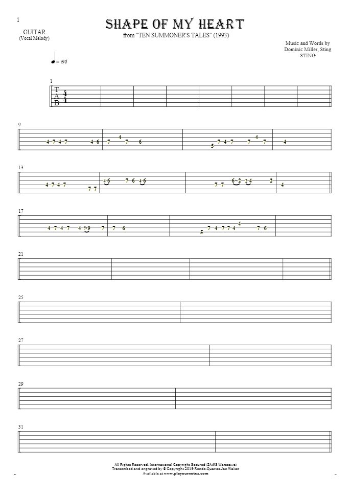 Shape Of My Heart - Tablature for guitar