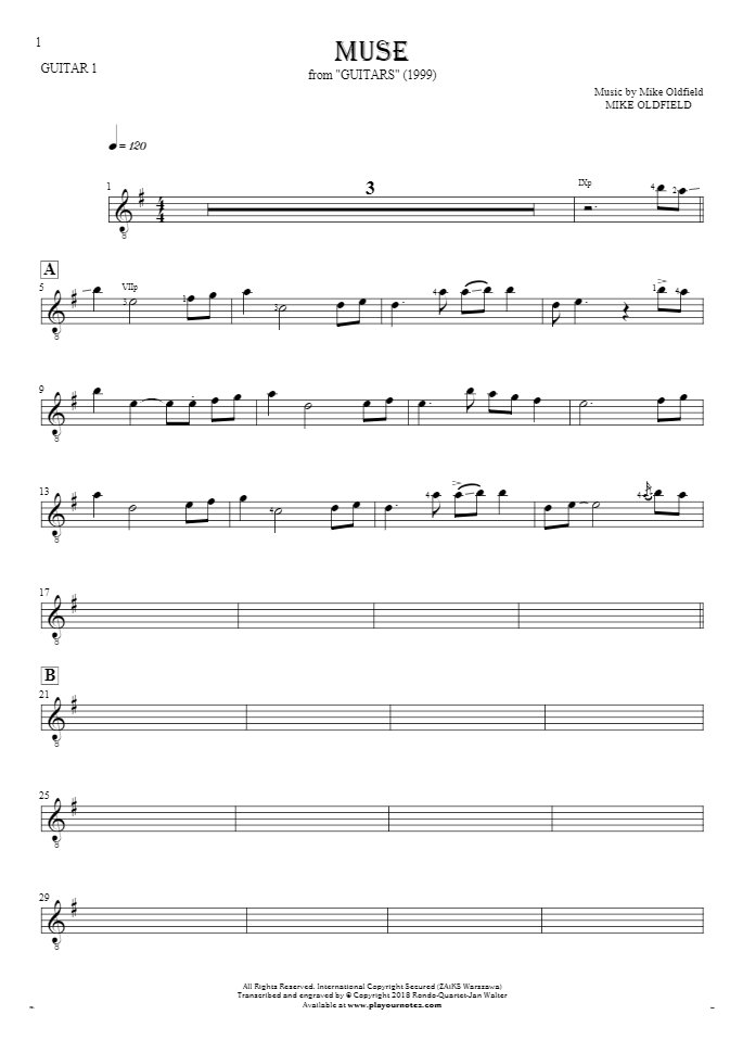 Muse - Notes for guitar - guitar 1 part
